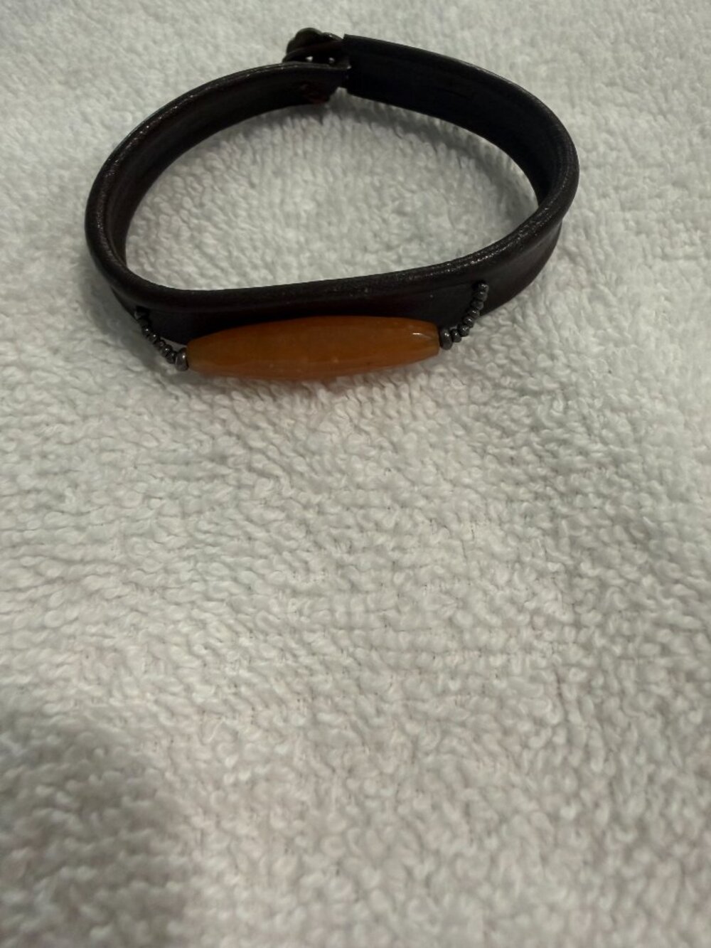 Vintage Boho Leather Bracelet Amber Tone Oval Stone Beaded Accent